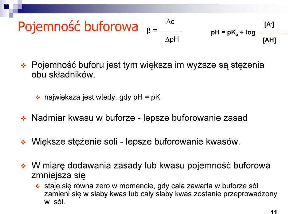 największa jest wtedy, gdy ph = pk Nadmiar kwasu w buforze lepsze buforowanie zasad Większe stężenie soli lepsze