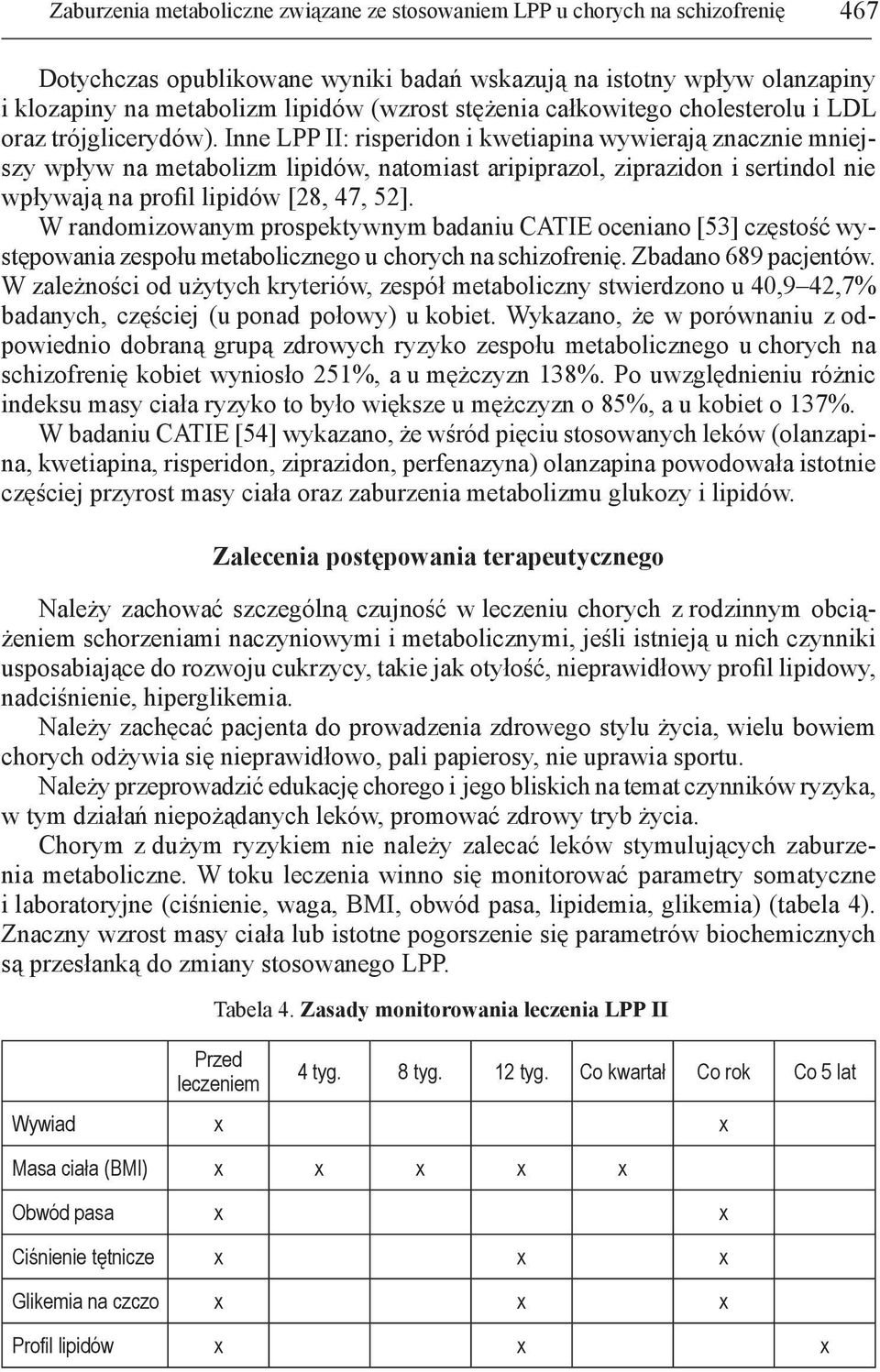Inne LPP II: risperidon i kwetiapina wywierają znacznie mniejszy wpływ na metabolizm lipidów, natomiast aripiprazol, ziprazidon i sertindol nie wpływają na profil lipidów [28, 47, 52].