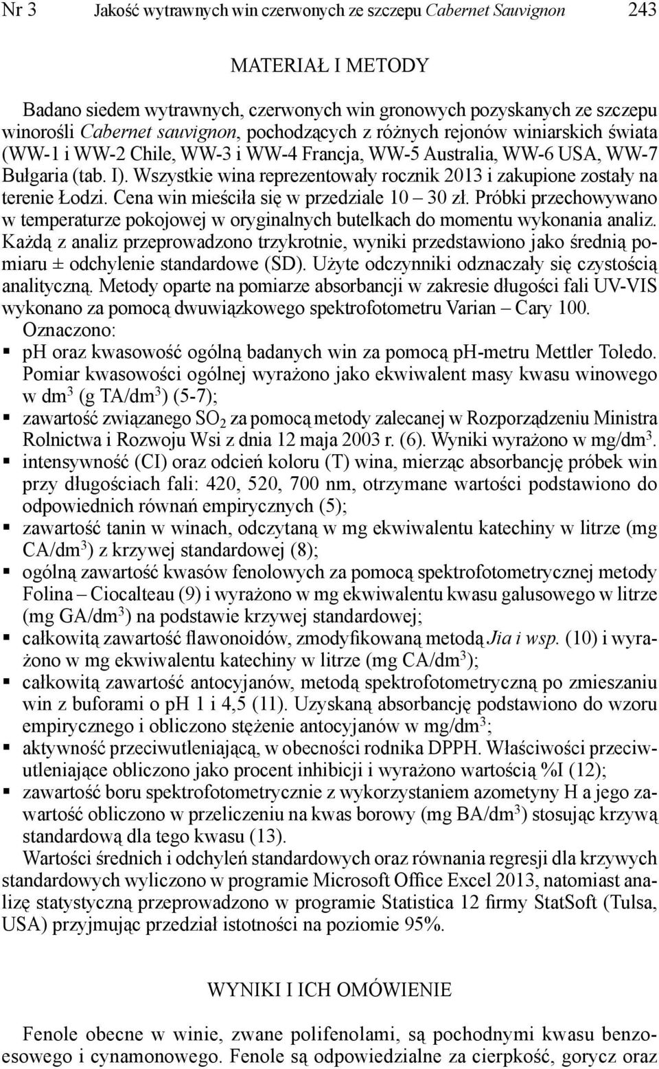 Wszystkie wina reprezentowały rocznik 2013 i zakupione zostały na terenie Łodzi. Cena win mieściła się w przedziale 10 30 zł.