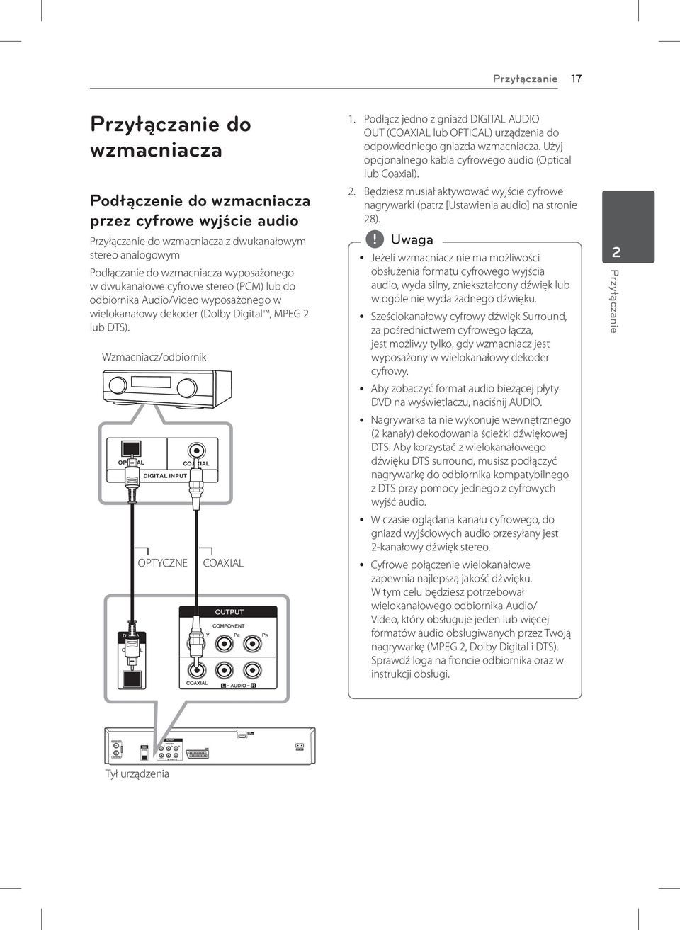 Wzmacniacz/odbiornik OPTICAL DIGITAL INPUT OPTYCZNE COAXIAL COAXIAL 1. Podłącz jedno z gniazd DIGITAL AUDIO OUT (COAXIAL lub OPTICAL) urządzenia do odpowiedniego gniazda wzmacniacza.