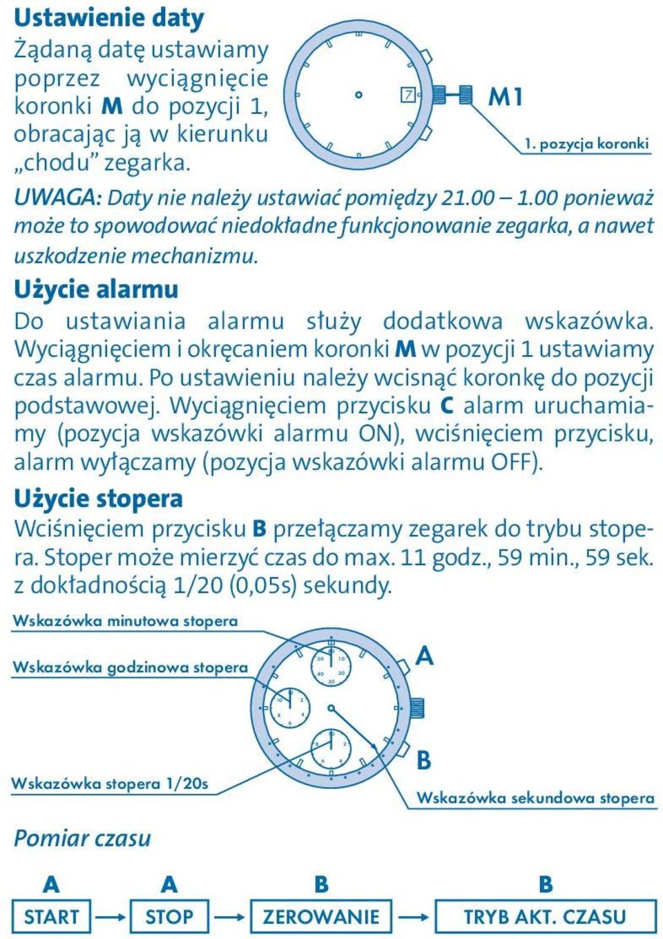 Użycie alarmu Do ustawiania alarmu służy dodatkowa wskazówka. Wyciągnięciem i okręcaniem koronki M w pozycji 1 ustawiamy czas alarmu. Po ustawieniu należy wcisnąć koronkę do pozycji podstawowej.