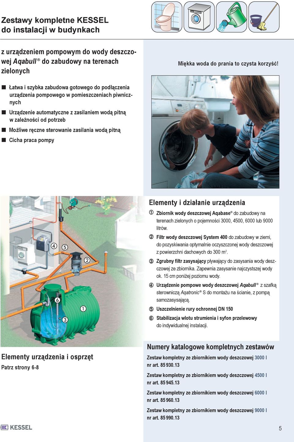zasilania wodą pitną Cicha praca pompy Elementy i działanie urządzenia â ê ô û á é Zbiornik wody deszczowej Aqabase do zabudowy na terenach zielonych o pojemności 3000, 4500, 6000 lub 9000 litrów.