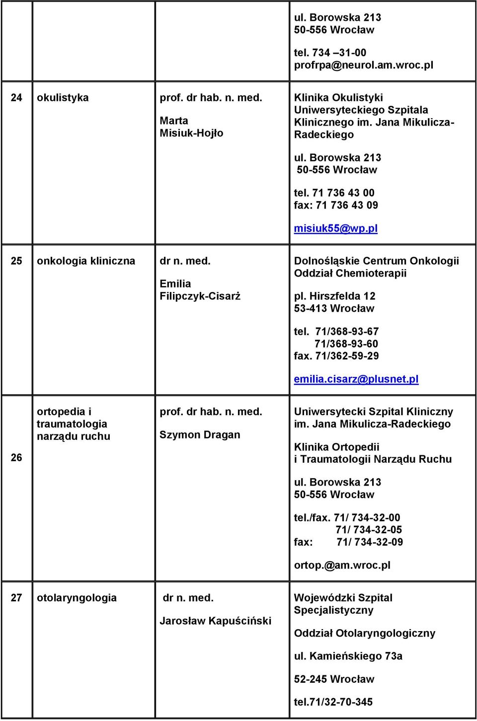 71/368-93-67 71/368-93-60 fax. 71/362-59-29 emilia.cisarz@plusnet.pl 26 ortopedia i traumatologia narządu ruchu prof. dr hab. n. med. Szymon Dragan Klinika Ortopedii i Traumatologii Narządu Ruchu tel.