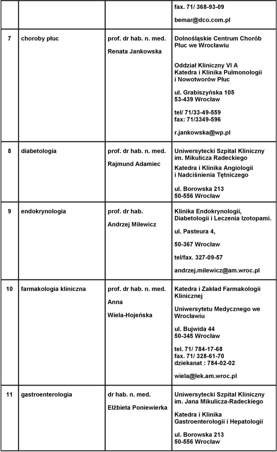 Grabiszyńska 105 53-439 Wrocław tel/ 71/33-49-559 fax: 71/3349-596 r.jankowska@wp.pl 8 diabetologia prof. dr hab. n. med. Rajmund Adamiec im.