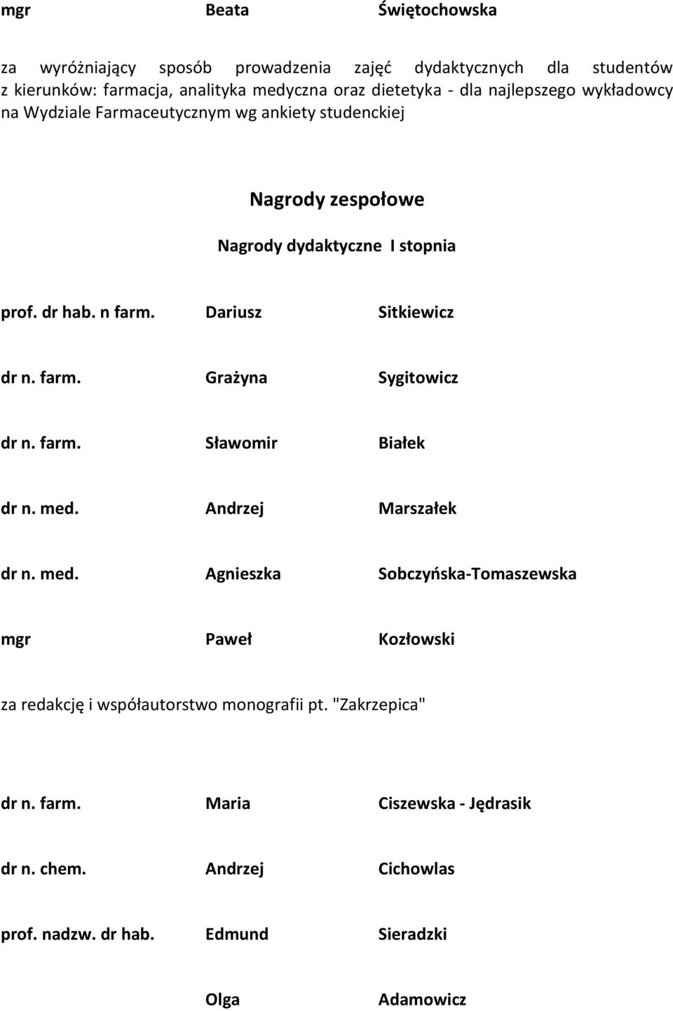 Dariusz Sitkiewicz dr n. farm. Grażyna Sygitowicz dr n. farm. Sławomir Białek dr n. med.