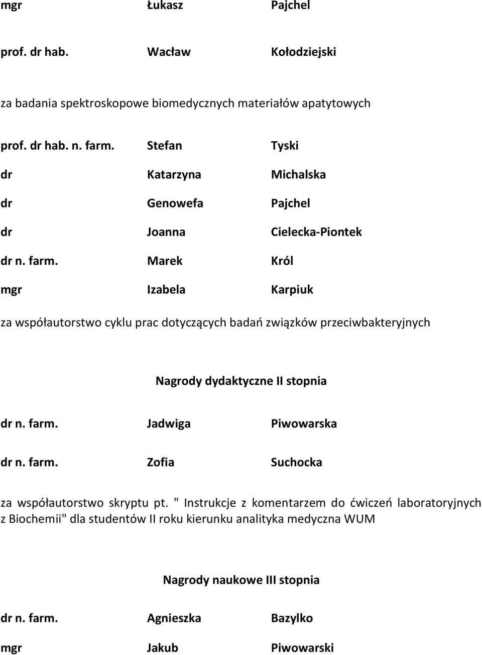 Marek Król mgr Izabela Karpiuk za współautorstwo cyklu prac dotyczących badao związków przeciwbakteryjnych Nagrody dydaktyczne II stopnia dr n. farm.