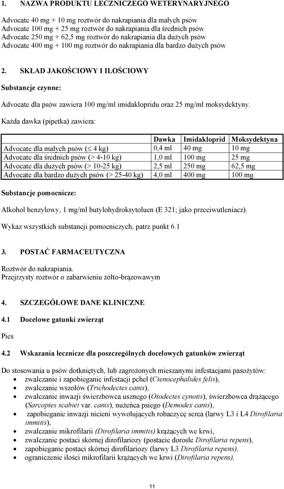 SKŁAD JAKOŚCIOWY I ILOŚCIOWY Substancje czynne: Advocate dla psów zawiera 100 mg/ml imidaklopridu oraz 25 mg/ml moksydektyny.