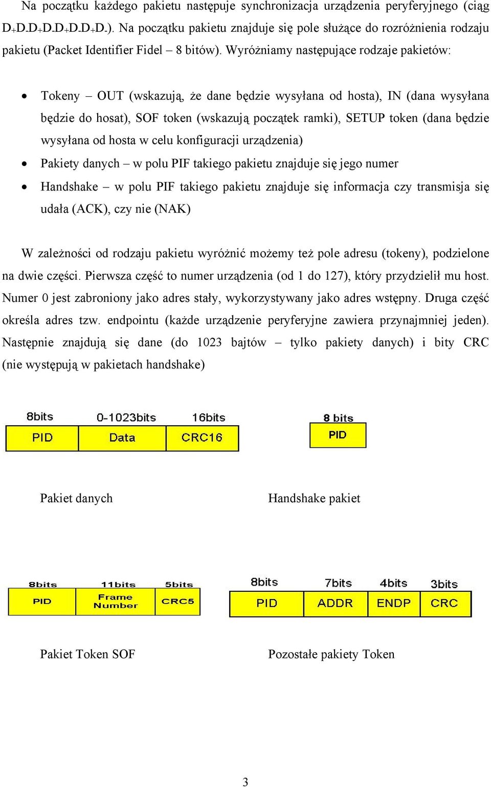 Wyróżniamy następujące rodzaje pakietów: Tokeny OUT (wskazują, że dane będzie wysyłana od hosta), IN (dana wysyłana będzie do hosat), SOF token (wskazują początek ramki), SETUP token (dana będzie