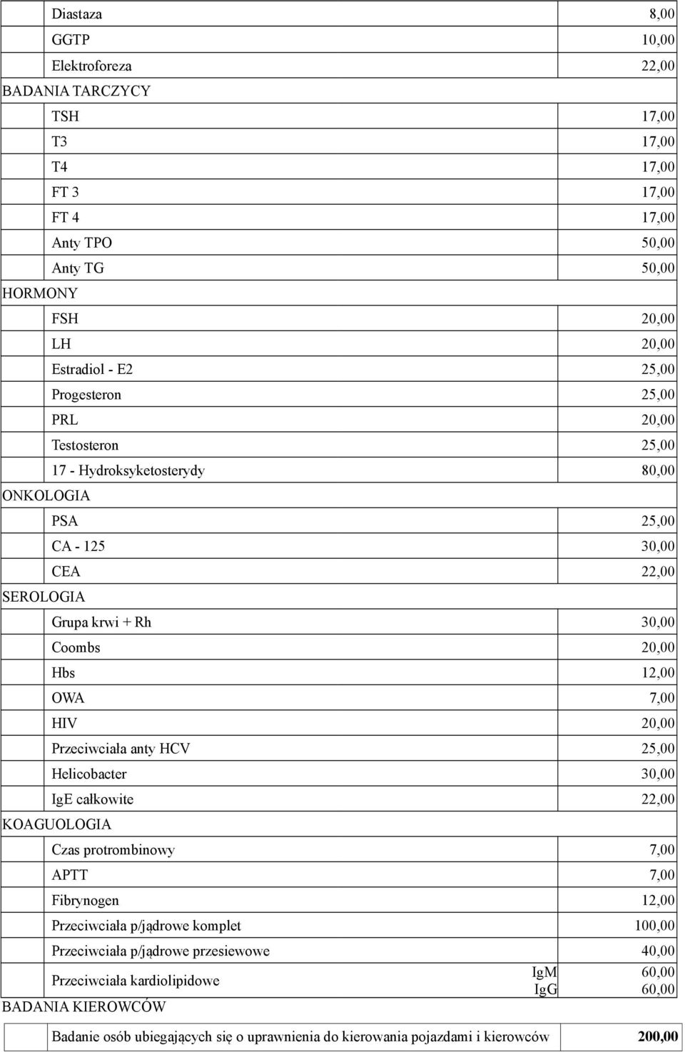 OWA 7,00 HIV 20,00 Przeciwciała anty HCV 25,00 Helicobacter 30,00 IgE całkowite 22,00 KOAGUOLOGIA Czas protrombinowy 7,00 APTT 7,00 Fibrynogen 12,00 Przeciwciała p/jądrowe komplet 100,00
