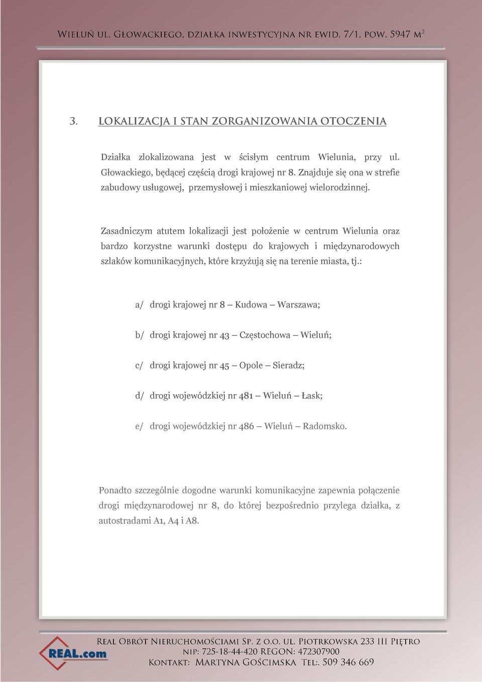 Zasadniczym atutem lokalizacji jest położenie w centrum Wielunia oraz bardzo korzystne warunki dostępu do krajowych i międzynarodowych szlaków komunikacyjnych, które krzyżują się na terenie