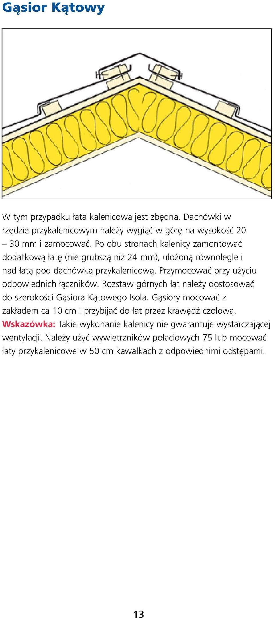 Przymocować przy użyciu odpowiednich łączników. Rozstaw górnych łat należy dostosować do szerokości Gąsiora Kątowego Isola.