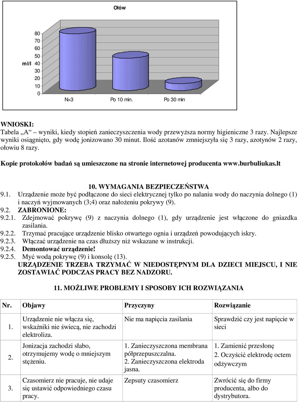 Kopie protokołów badań są umieszczone na stronie internetowej producenta www.burbuliukas.lt 0. WYMAGANIA BEZPIECZEŃSTWA 9.