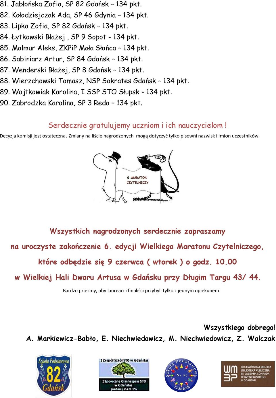 Wojtkowiak Karolina, I SSP STO Słupsk - 134 pkt. 90. Zabrodzka Karolina, SP 3 Reda 134 pkt. Serdecznie gratulujemy uczniom i ich nauczycielom! Decyzja komisji jest ostateczna.