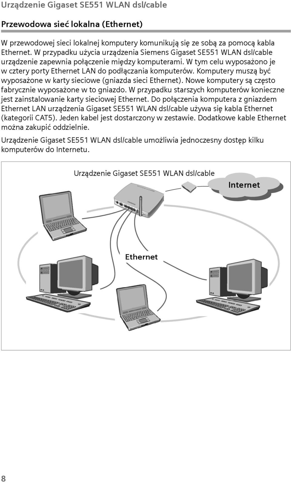 Komputery muszą być wyposażone w karty sieciowe (gniazda sieci Ethernet). Nowe komputery są często fabrycznie wyposażone w to gniazdo.