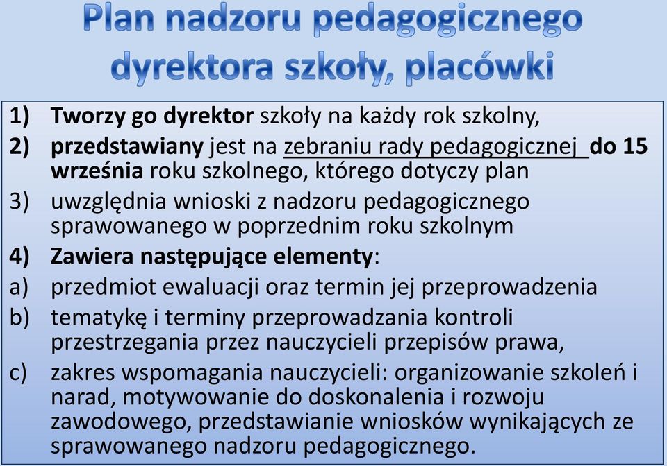 termin jej przeprowadzenia b) tematykę i terminy przeprowadzania kontroli przestrzegania przez nauczycieli przepisów prawa, c) zakres wspomagania