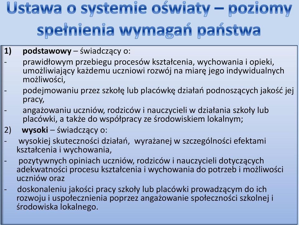 świadczący o: - wysokiej skuteczności działao, wyrażanej w szczególności efektami kształcenia i wychowania, - pozytywnych opiniach uczniów, rodziców i nauczycieli dotyczących adekwatności procesu