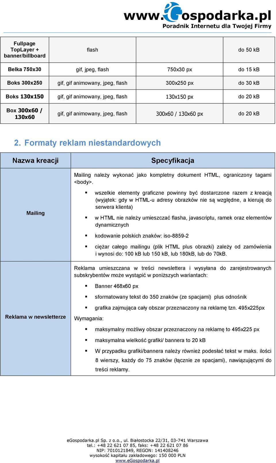 Formaty reklam niestandardowych Nazwa kreacji Specyfikacja Mailing należy wykonać jako kompletny dokument HTML, ograniczony tagami <body>.