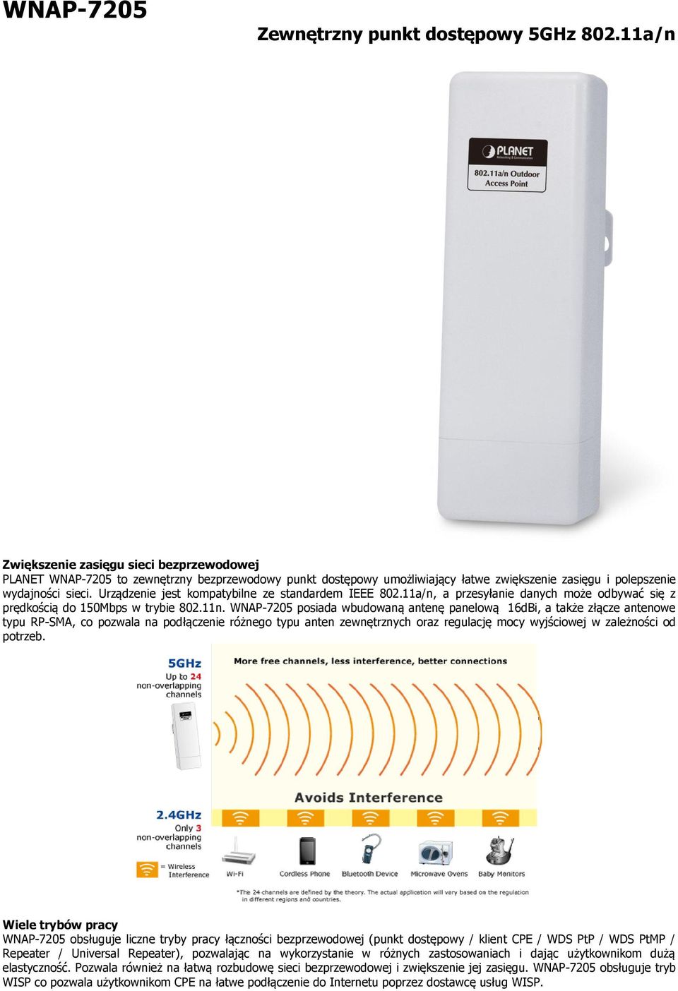 Urządzenie jest kompatybilne ze standardem IEEE 802.11a/n, a przesyłanie danych może odbywać się z prędkością do 150Mbps w trybie 802.11n.