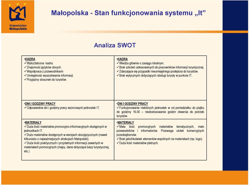 Zdarzające się przypadki nieumiejętnego podejścia do turystów. Brak wytycznych dotyczących obsługi turysty w punkcie IT. DNI I GODZINY PRACY Odpowiednie dni i godziny pracy wzorcowych jednostek IT.