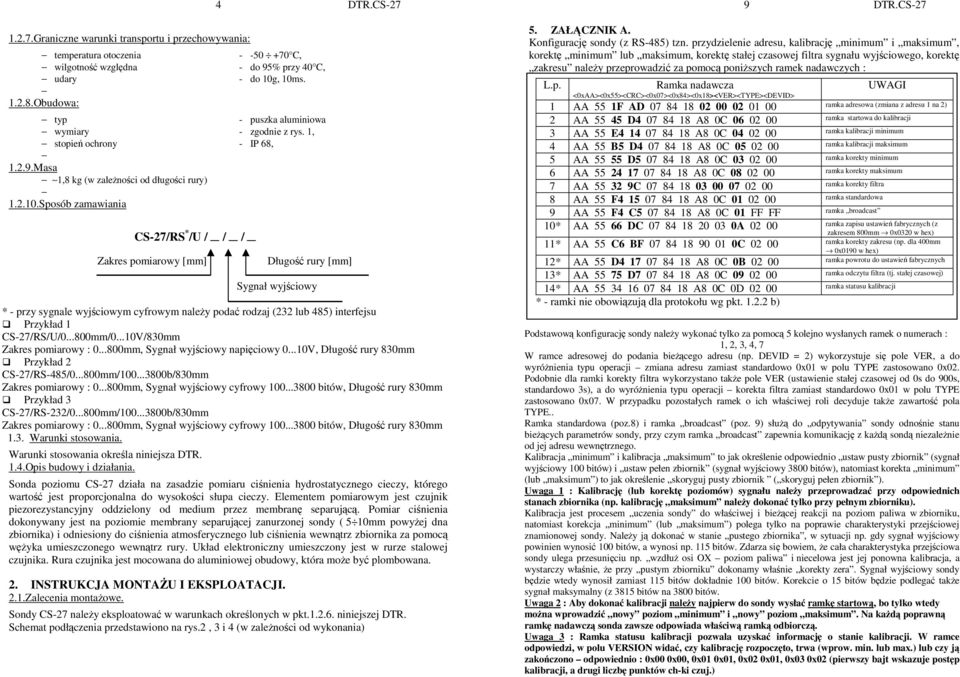 Sposób zamawiania CS-27/RS * /U / / / Zakres pomiarowy [mm] Długość rury [mm] Sygnał wyjściowy * - przy sygnale wyjściowym cyfrowym naleŝy podać rodzaj (232 lub 485) interfejsu Przykład 1