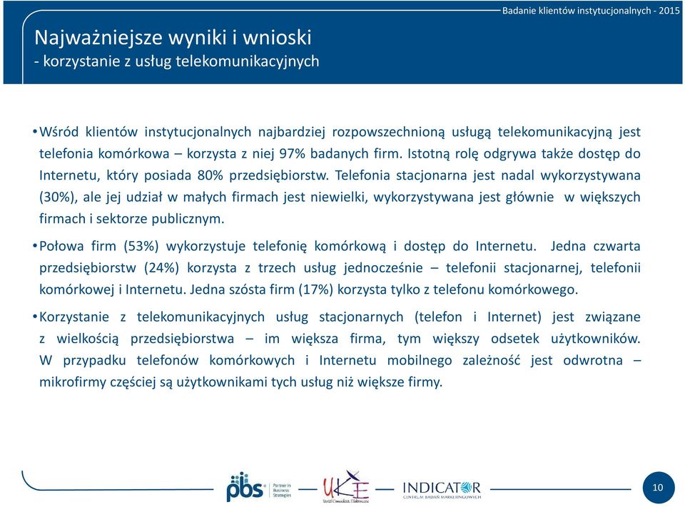 Telefonia stacjonarna jest nadal wykorzystywana (30%), ale jej udział w małych firmach jest niewielki, wykorzystywana jest głównie w większych firmach i sektorze publicznym.