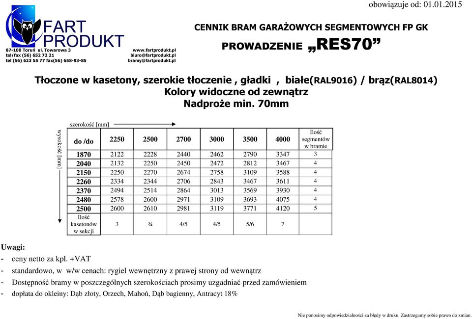 70mm wysokość [mm] szerokość [mm] Ilość do /do 2250 2500 2700 3000 3500 4000 segmentów w bramie 1870 2122 2228 2440 2462 2790 3347 3 2040 2132 2250 2450 2472 2812 3467 4 2150 2250 2270 2674 2758 3109