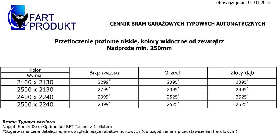 x 2240 2399 * 2525 * 2525 * 2500 x 2240 2399 * 2525 * 2525 * Brama Typowa zawiera: Napęd Somfy Dexo Optimo lub BFT
