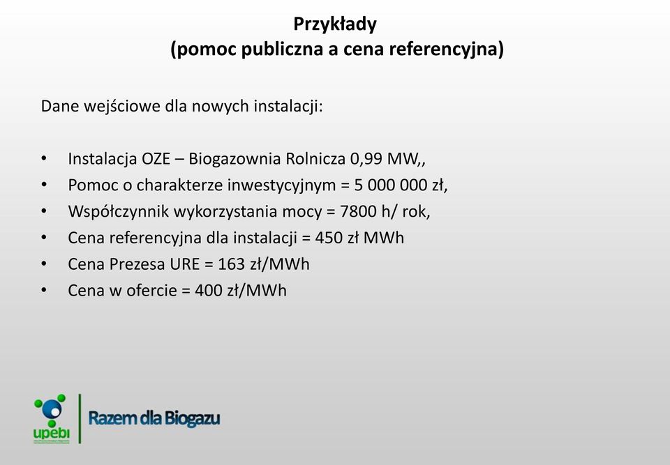 inwestycyjnym = 5 000 000 zł, Współczynnik wykorzystania mocy = 7800 h/ rok, Cena