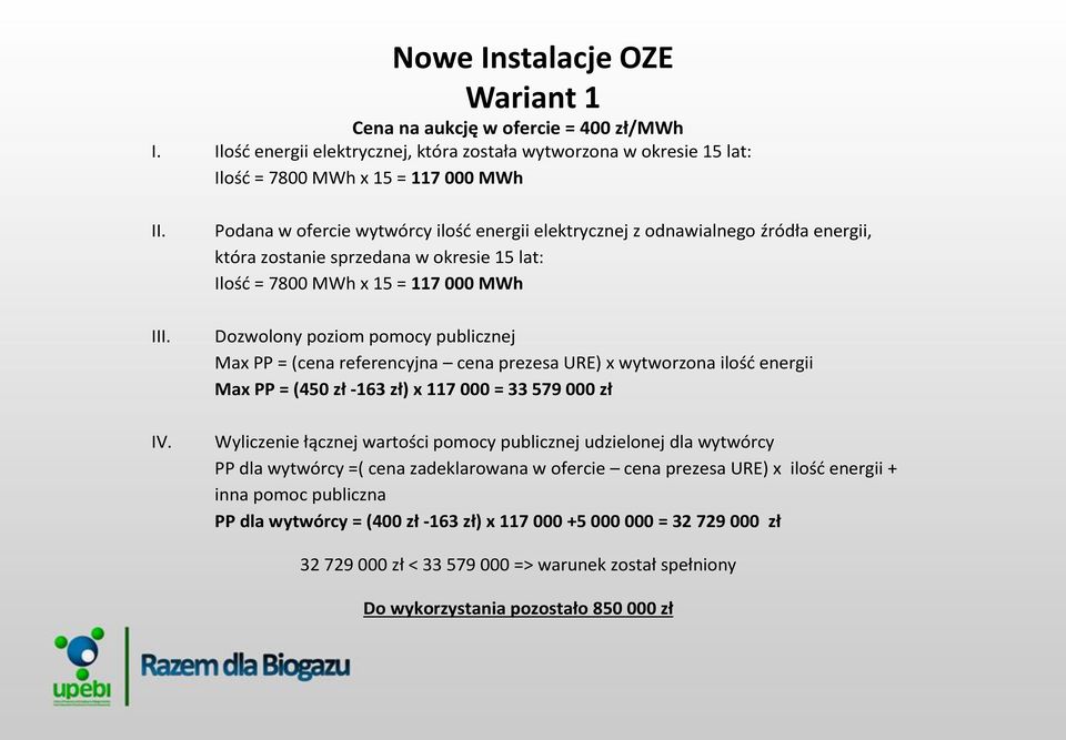 Max PP = (cena referencyjna cena prezesa URE) x wytworzona ilość energii Max PP = (450 zł -163 zł) x 117 000 = 33 579 000 zł Wyliczenie łącznej wartości pomocy publicznej udzielonej dla wytwórcy PP