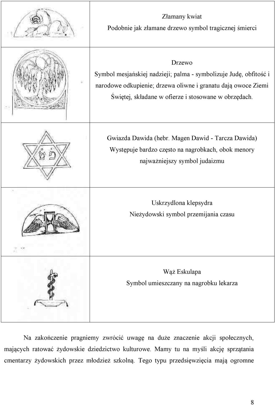 Magen Dawid - Tarcza Dawida) Występuje bardzo często na nagrobkach, obok menory najważniejszy symbol judaizmu Uskrzydlona klepsydra Nieżydowski symbol przemijania czasu Wąż Eskulapa