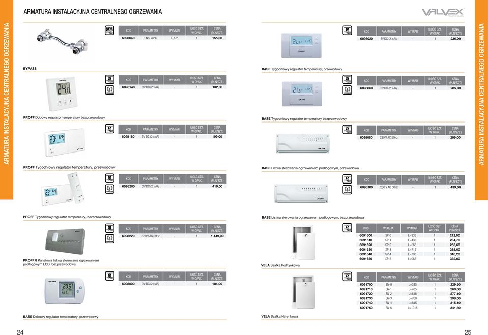 236,00 6098060 3V DC (2 x AA) - 1 285,00 6098080 230 V AC 50Hz - 1 299,00 6098200 3V DC (2 x AA) - 1 419,00 6098100 230 V AC 50Hz - 1 439,00 PROFF Tygodniowy regulator temperatury, bezprzewodowy BASE
