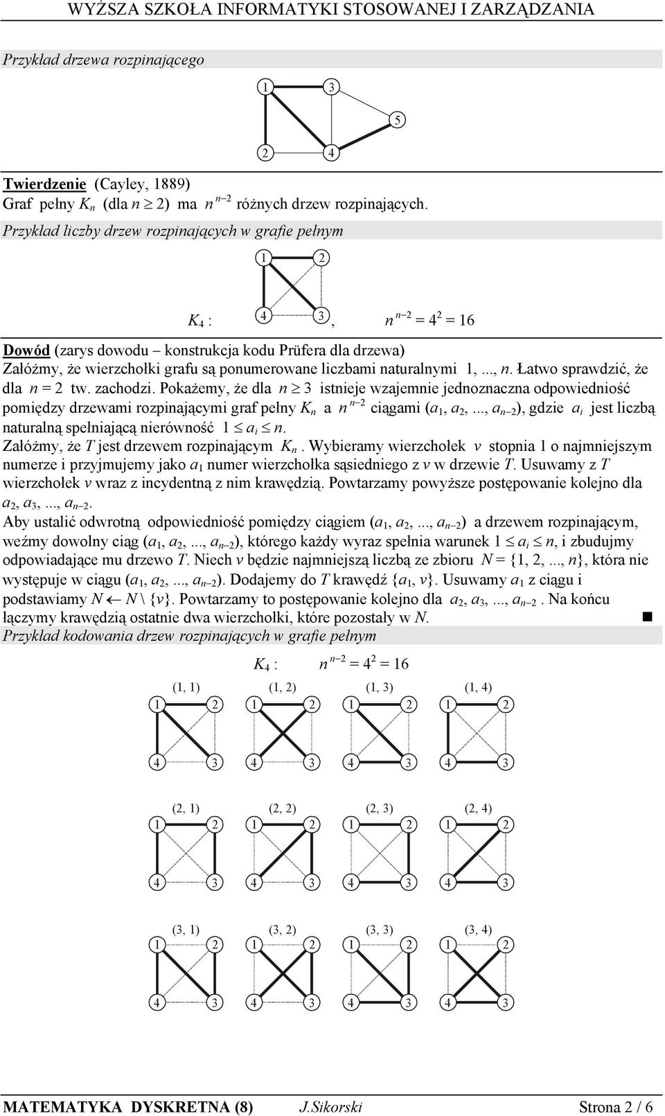 zachodzi. Pokażemy, że dla n istnieje wzajemnie jednoznaczna odpowiedniość pomiędzy drzewami rozpinającymi graf pełny K n a n n ciągami (a, a,.
