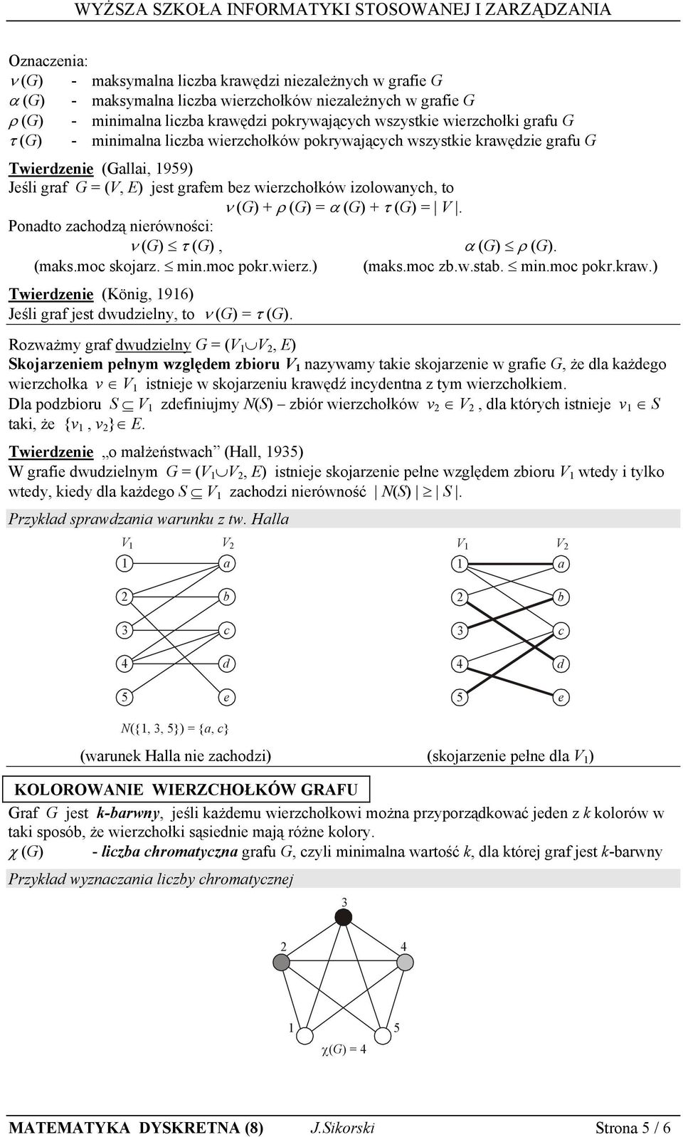 ρ (G) = α (G) + τ (G) = V. Ponadto zachodzą nierówności: ν (G) τ (G), α (G) ρ (G). (maks.moc skojarz. min.moc pokr.wierz.) (maks.moc zb.w.stab. min.moc pokr.kraw.