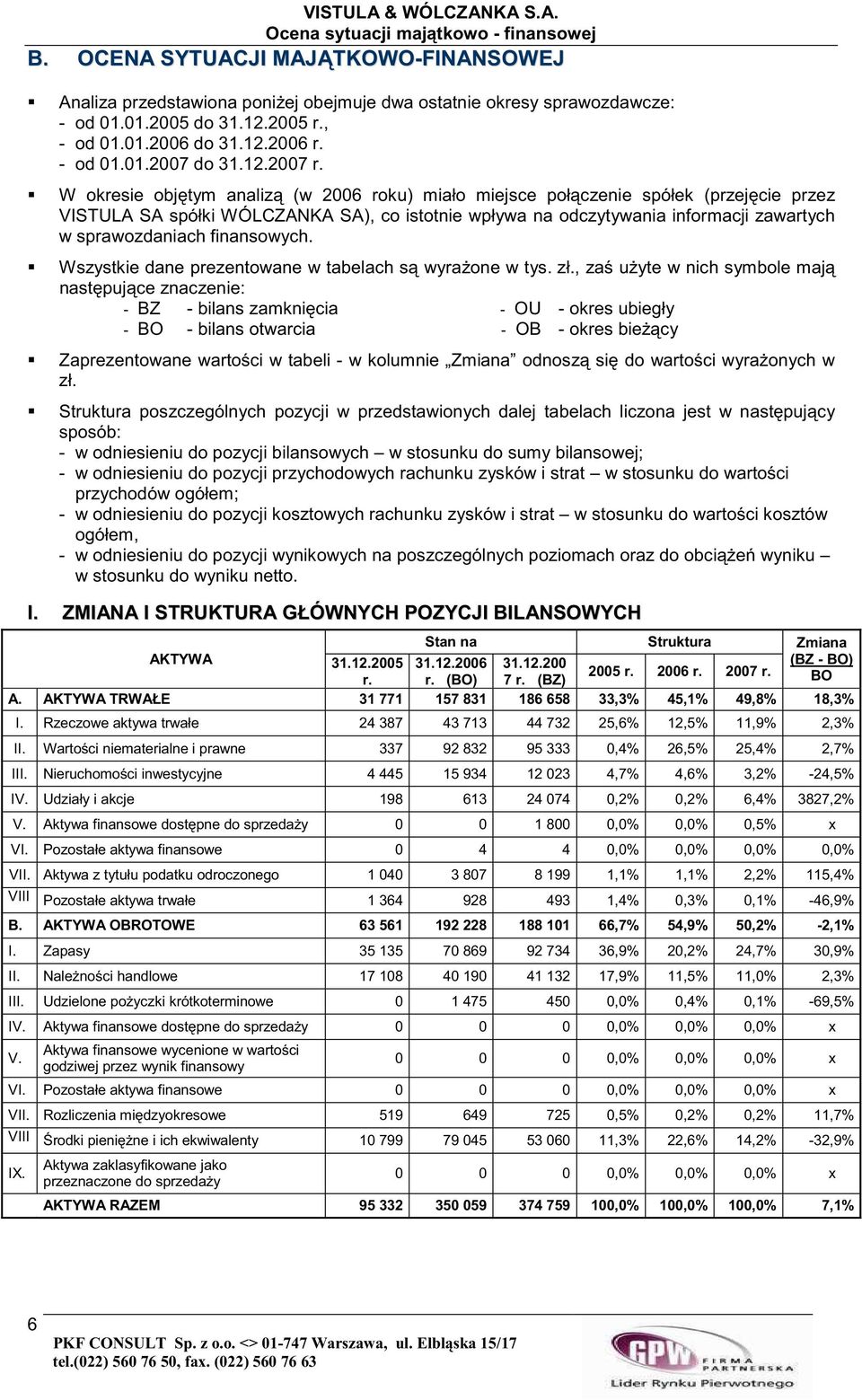 W okresie objtym analiz (w 2006 roku) miało miejsce połczenie spółek (przejcie przez VISTULA SA spółki WÓLCZANKA SA), co istotnie wpływa na odczytywania informacji zawartych w sprawozdaniach