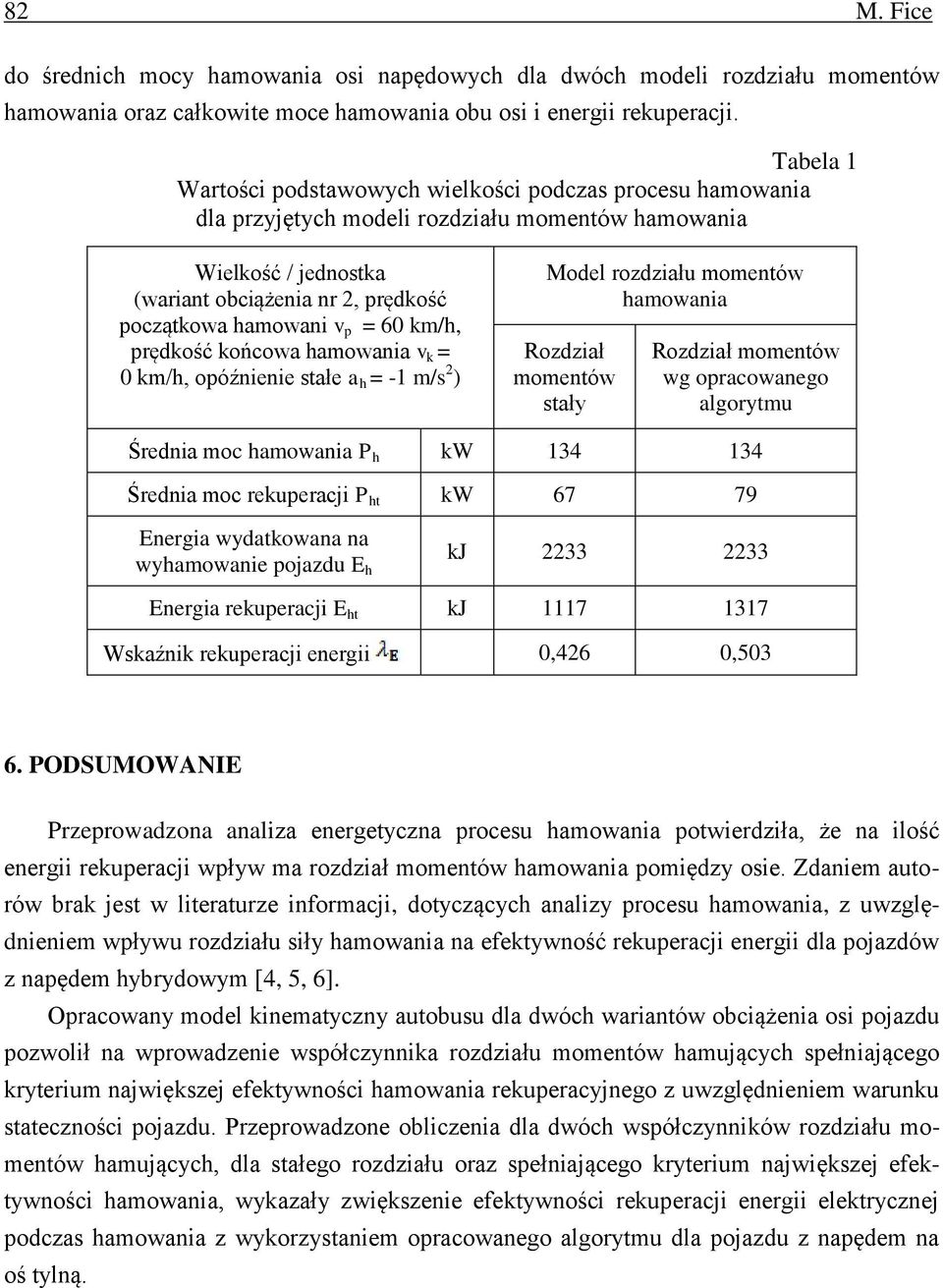 km/h, prędkość końcowa hamowania v k = km/h, opóźnienie stałe a h = -1 m/s 2 ) Model rodiału momentów hamowania Rodiał momentów stały Rodiał momentów wg opracowanego algorytmu Średnia moc hamowania P