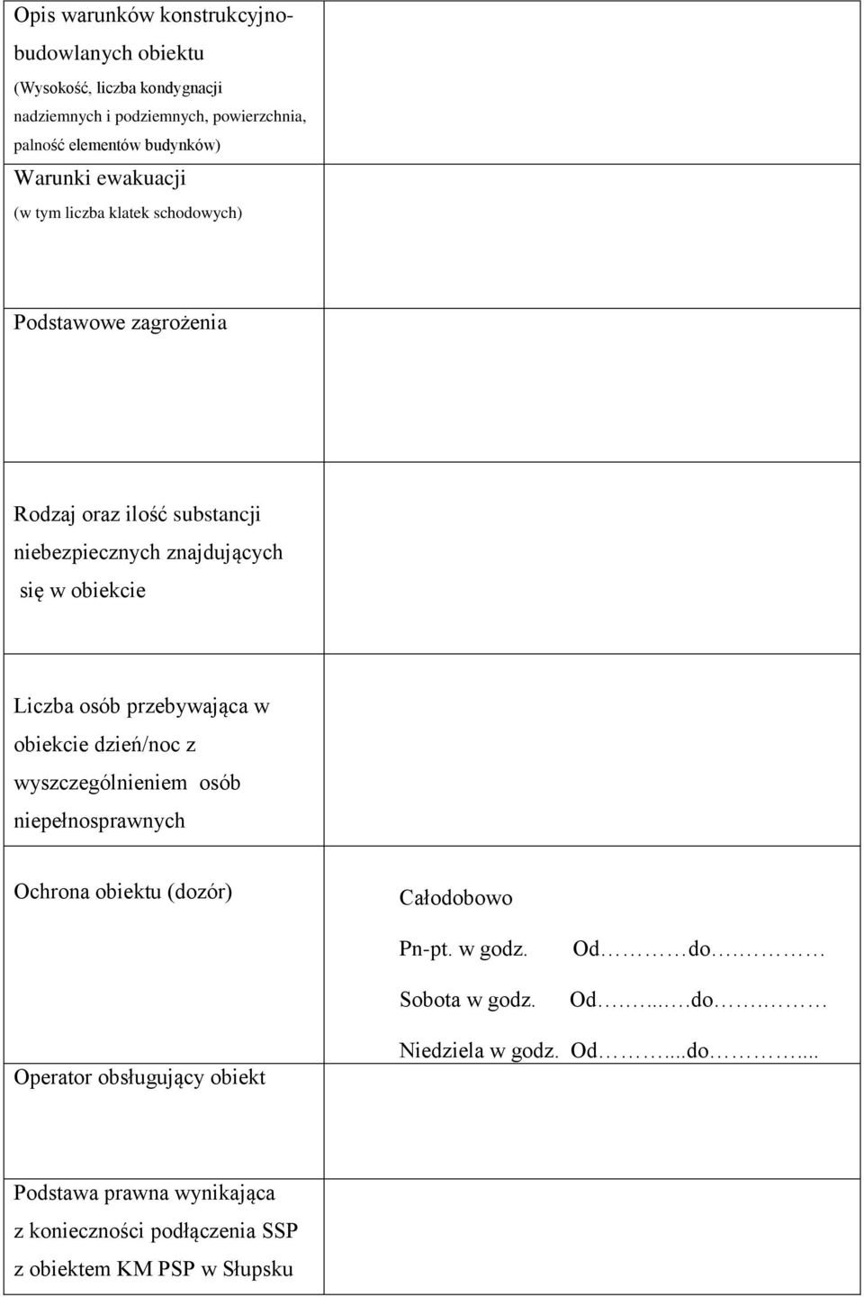 Liczba osób przebywająca w obiekcie dzień/noc z wyszczególnieniem osób niepełnosprawnych Ochrona obiektu (dozór) Całodobowo Pn-pt. w godz.