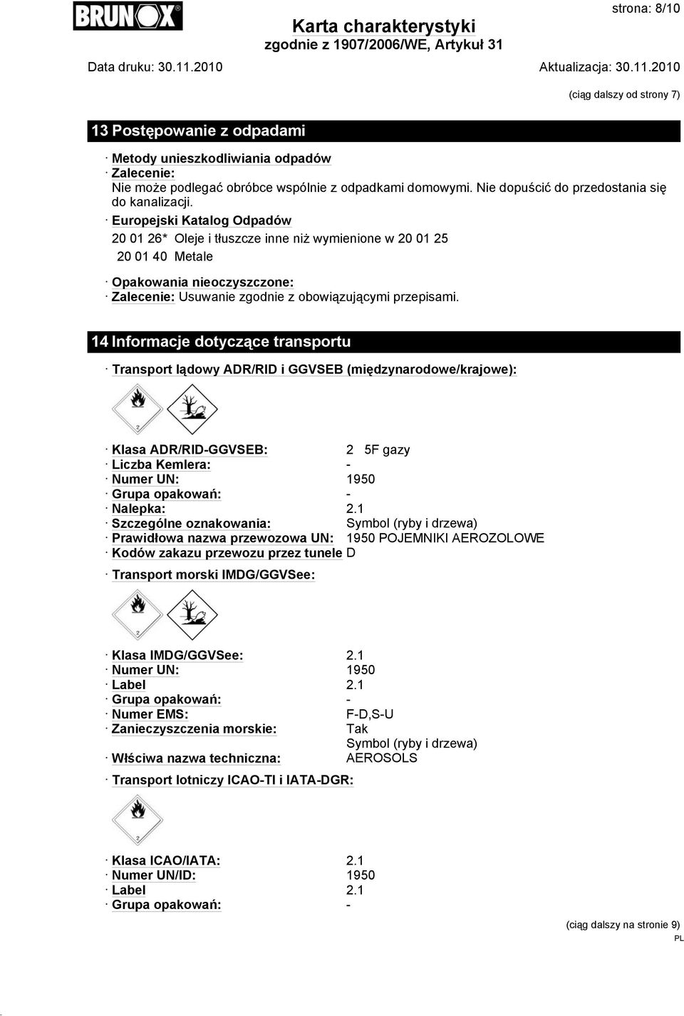 Europejski Katalog Odpadów 20 01 26* Oleje i tłuszcze inne niż wymienione w 20 01 25 20 01 40 Metale Opakowania nieoczyszczone: Zalecenie: Usuwanie zgodnie z obowiązującymi przepisami.