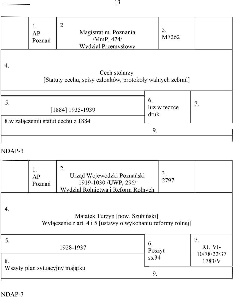 luz w teczce druk 9. 7. NDAP-3 1. AP Poznań 2. Urząd Wojewódzki Poznański 1919-1030 /UWP, 296/ Wydział Rolnictwa i Reform Rolnych 3.