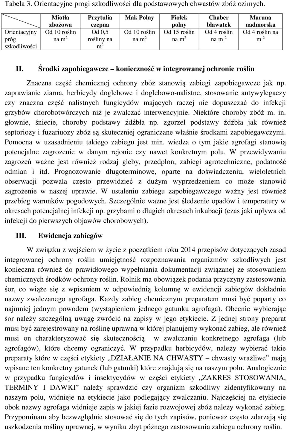 roślin na m 2 II. Środki zapobiegawcze konieczność w integrowanej ochronie roślin Znaczna część chemicznej ochrony zbóż stanowią zabiegi zapobiegawcze jak np.