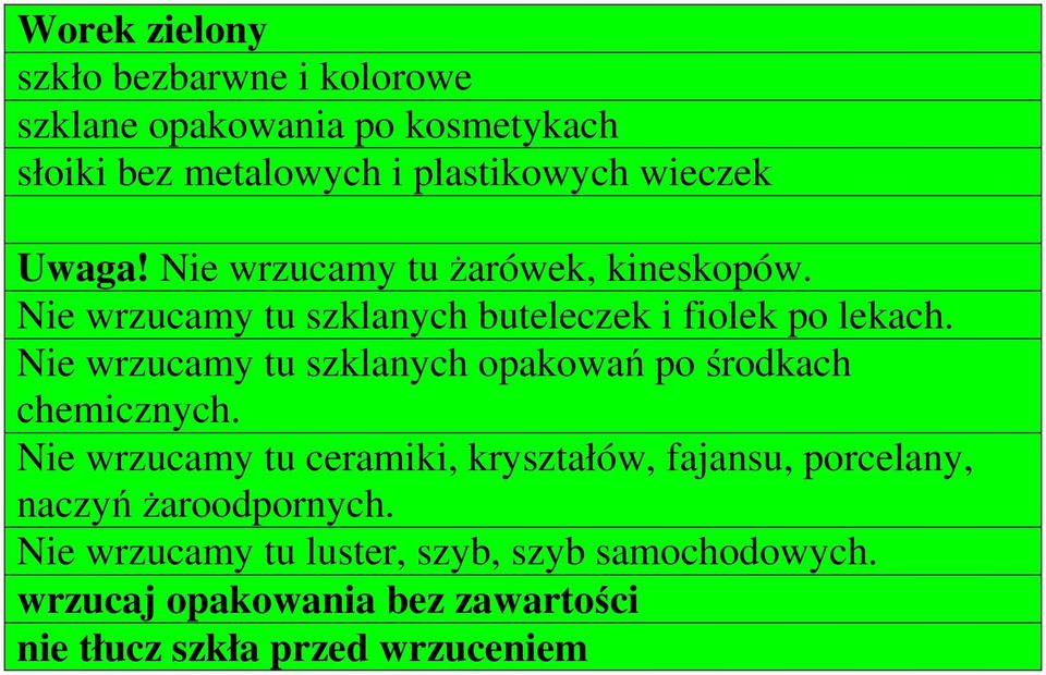 Nie wrzucamy tu szklanych opakowań po środkach chemicznych.