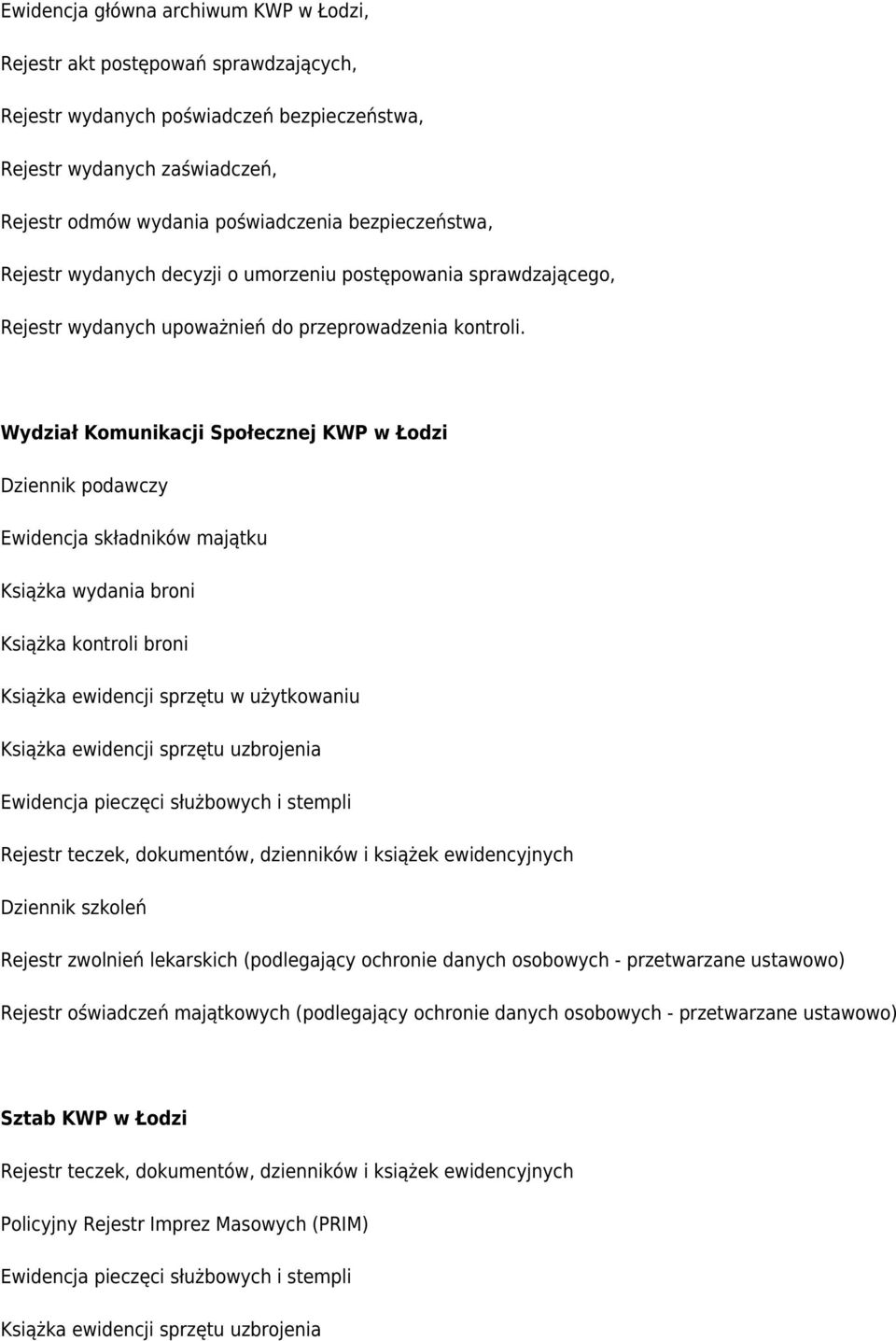 Wydział Komunikacji Społecznej KWP w Łodzi Ewidencja składników majątku Książka wydania broni Książka kontroli broni Książka ewidencji sprzętu w użytkowaniu Książka ewidencji sprzętu uzbrojenia