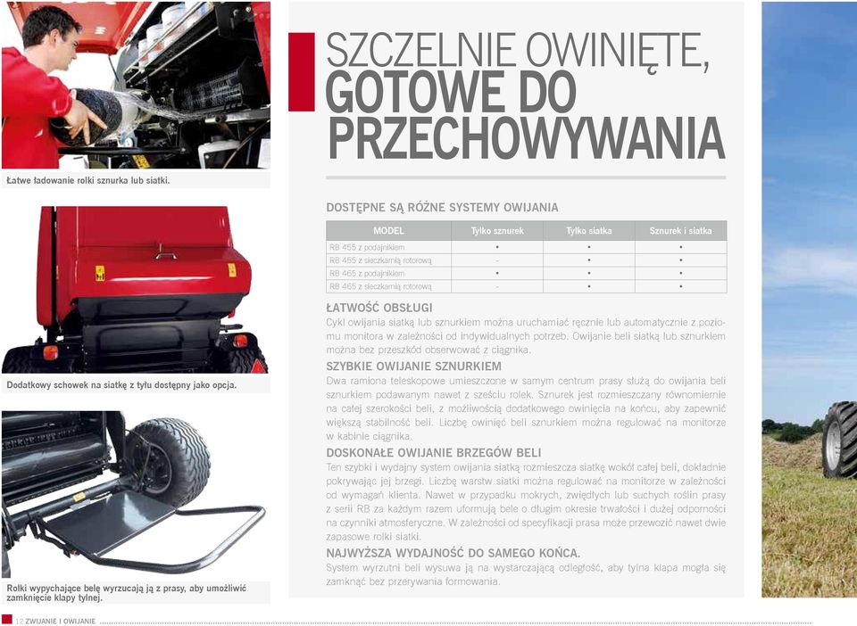 Dodatkowy schowek na siatkę z tyłu dostępny jako opcja. Rolki wypychające belę wyrzucają ją z prasy, aby umożliwić zamknięcie klapy tylnej.