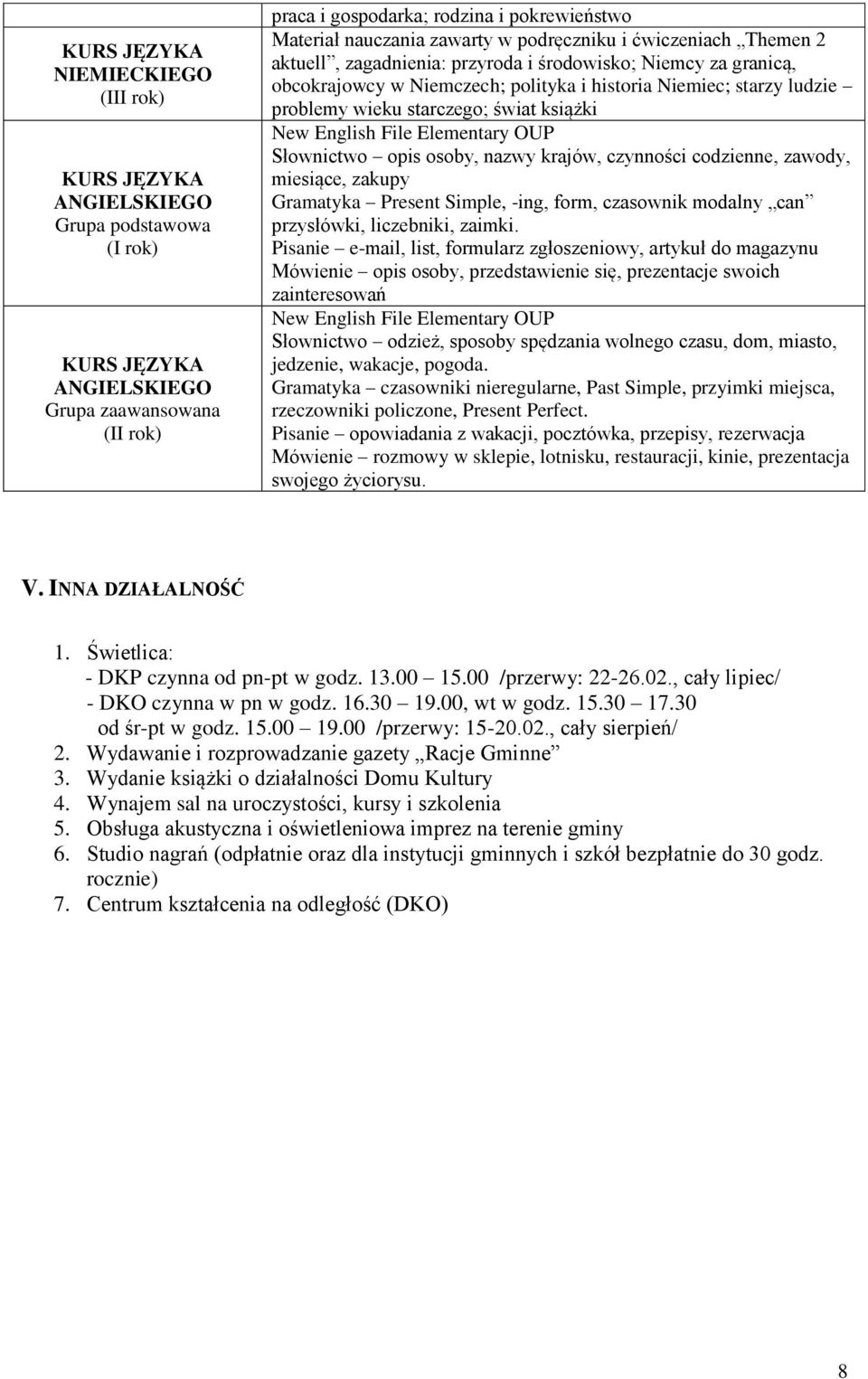 wieku starczego; świat książki New English File Elementary OUP Słownictwo opis osoby, nazwy krajów, czynności codzienne, zawody, miesiące, zakupy Gramatyka Present Simple, -ing, form, czasownik