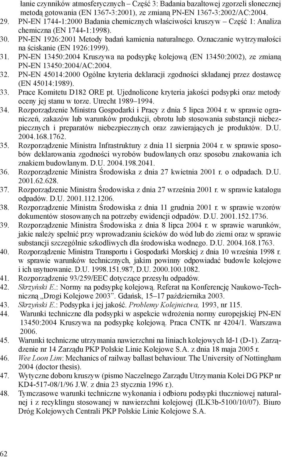 Oznaczanie wytrzymałości na ściskanie (EN 1926:1999). 31. PN-EN 13450:2004 Kruszywa na podsypkę kolejową (EN 13450:2002), ze zmianą PN-EN 13450:2004/AC:2004. 32.