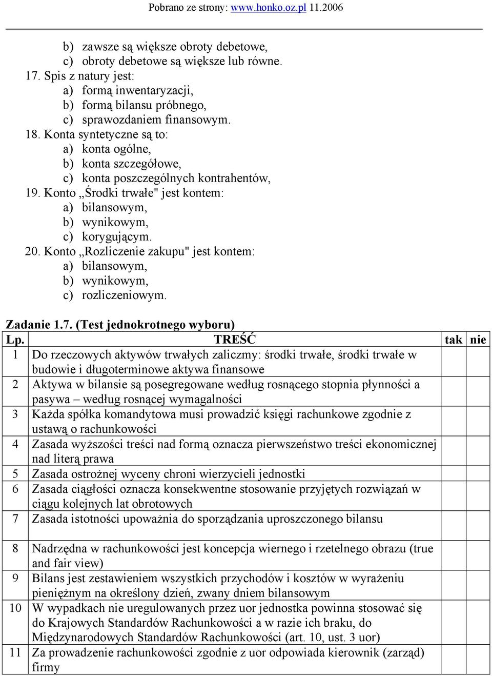 Konto Rozliczenie zakupu" jest kontem: a) bilansowym, b) wynikowym, c) rozliczeniowym. Zadanie 1.7. (Test jednokrotnego wyboru) Lp.