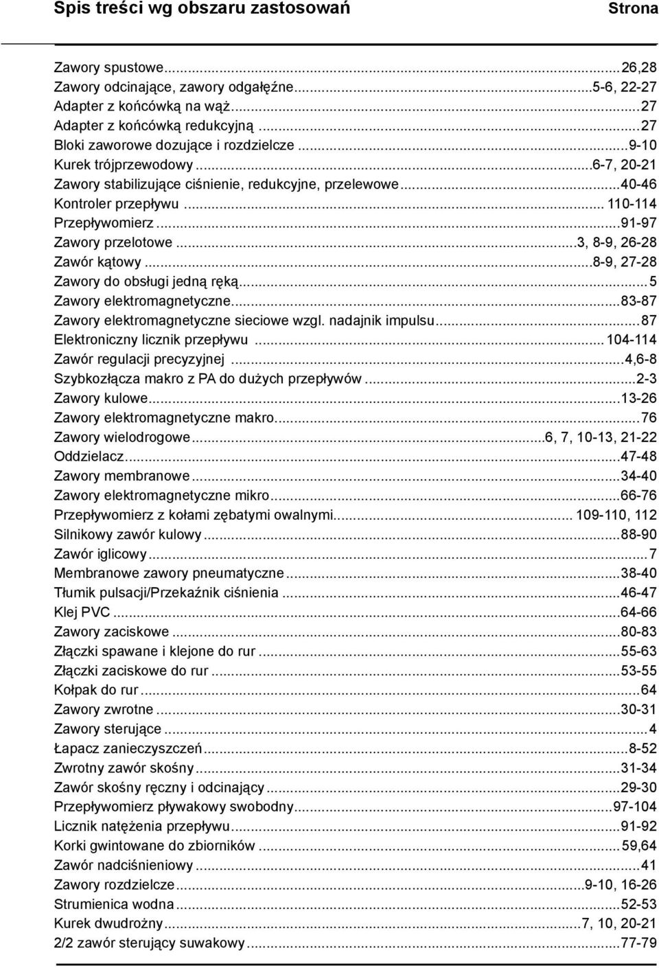..91-97 Zawory przelotowe...3, 8-9, 26-28 Zawór kątowy...8-9, 27-28 Zawory do obsługi jedną ręką...5 Zawory elektromagnetyczne...83-87 Zawory elektromagnetyczne sieciowe wzgl. nadajnik impulsu.