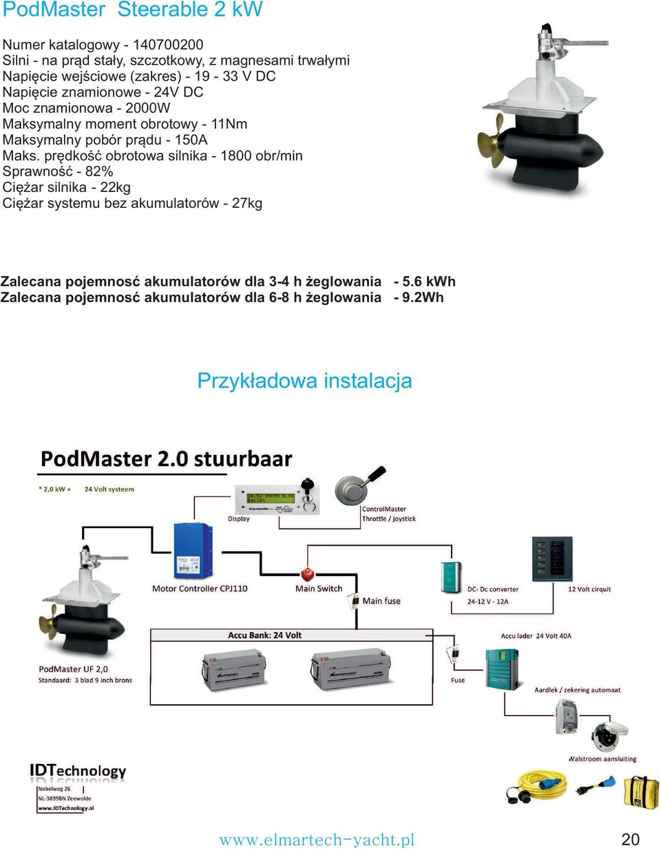 prędkość obrotowa silnika - 1800 obr/min Sprawność - 82% Ciężar silnika - 22kg Ciężar systemu bez akumulatorów - 27kg Zalecana pojemnosć