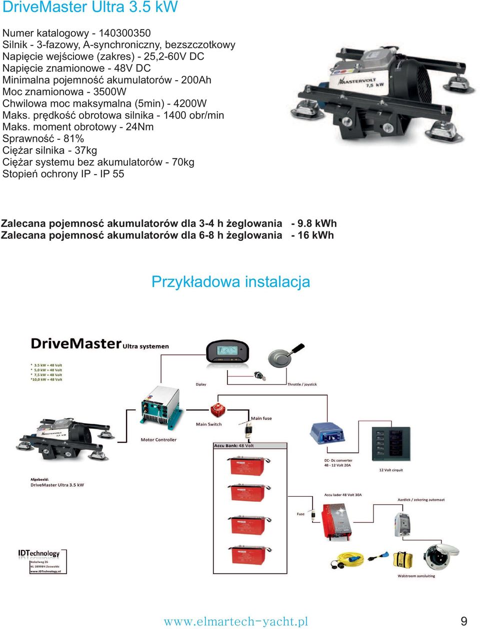 Minimalna pojemność akumulatorów - 200Ah Moc znamionowa - 3500W Chwilowa moc maksymalna (5min) - 4200W Maks. prędkość obrotowa silnika - 1400 obr/min Maks.
