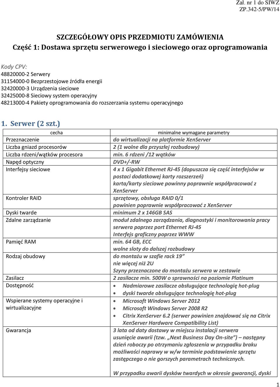 32420000-3 Urządzenia sieciowe 32425000-8 Sieciowy system operacyjny 48213000-4 Pakiety oprogramowania do rozszerzania systemu operacyjnego 1. Serwer (2 szt.