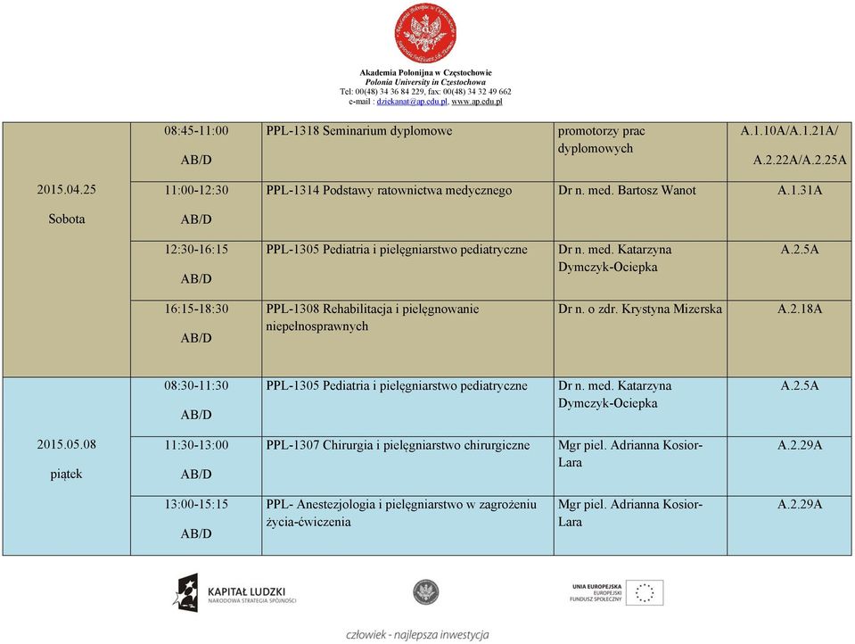 med. Katarzyna ymczyk-ociepka 16:15-18:30 PPL-1308 Rehabilitacja i pielęgnowanie niepełnosprawnych r n. o zdr.